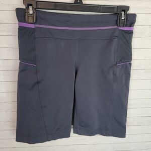 ATHLETA GRAY BIKE SHORTS WITH PURPLE TRIM, SZ SMALL TALL